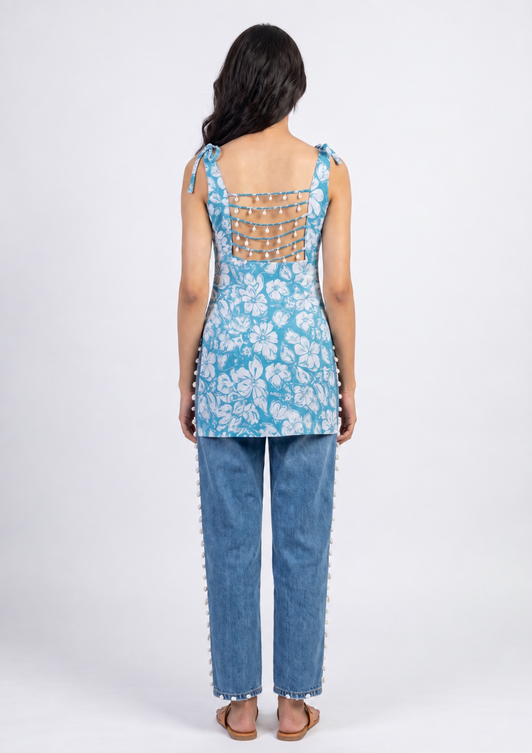 Cotton Printed Short Kurti — Sky Blue Floral