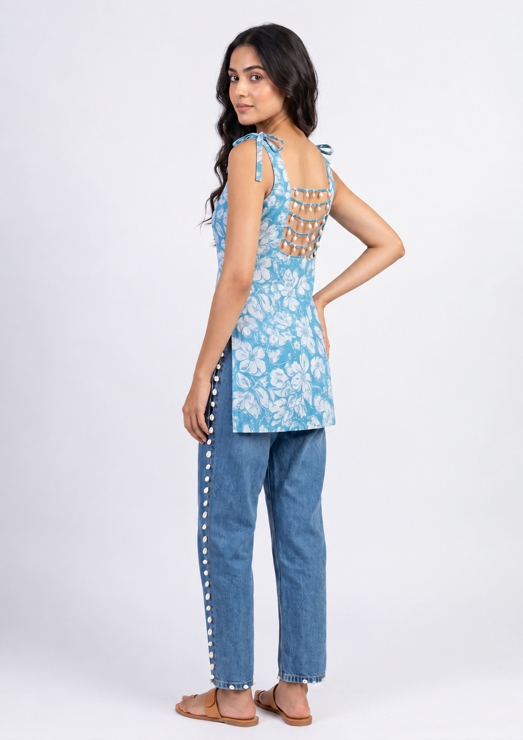 Cotton Printed Short Kurti — Sky Blue Floral