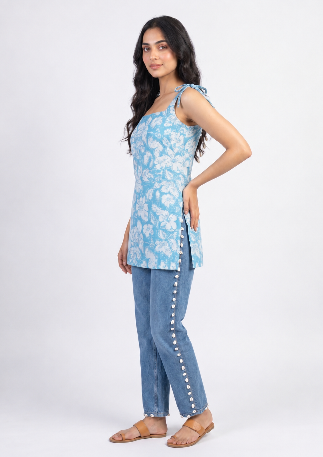Cotton Printed Short Kurti — Sky Blue Floral