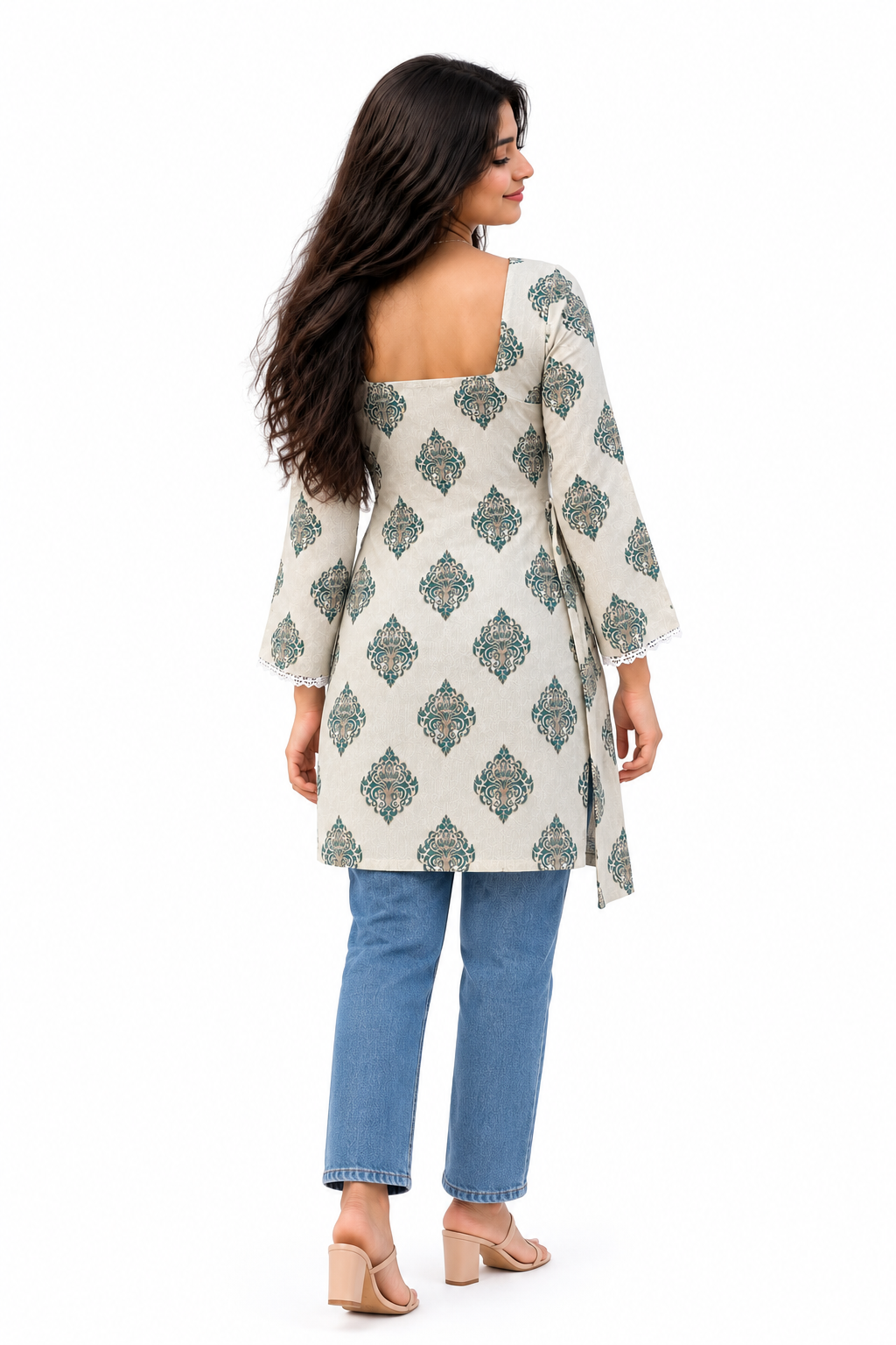 Cotton Printed Short Kurti — Sage Green Geometric