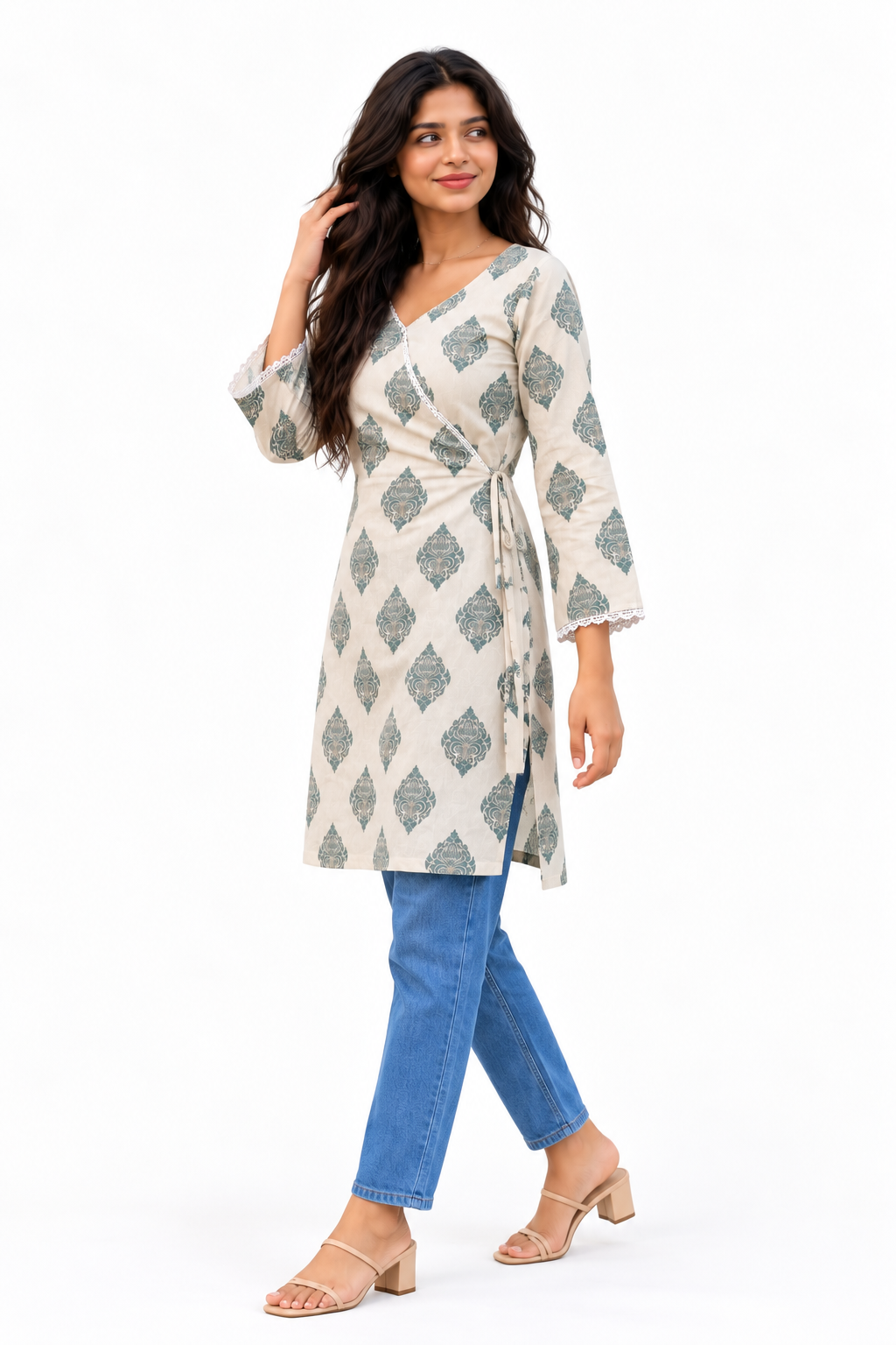 Cotton Printed Short Kurti — Sage Green Geometric