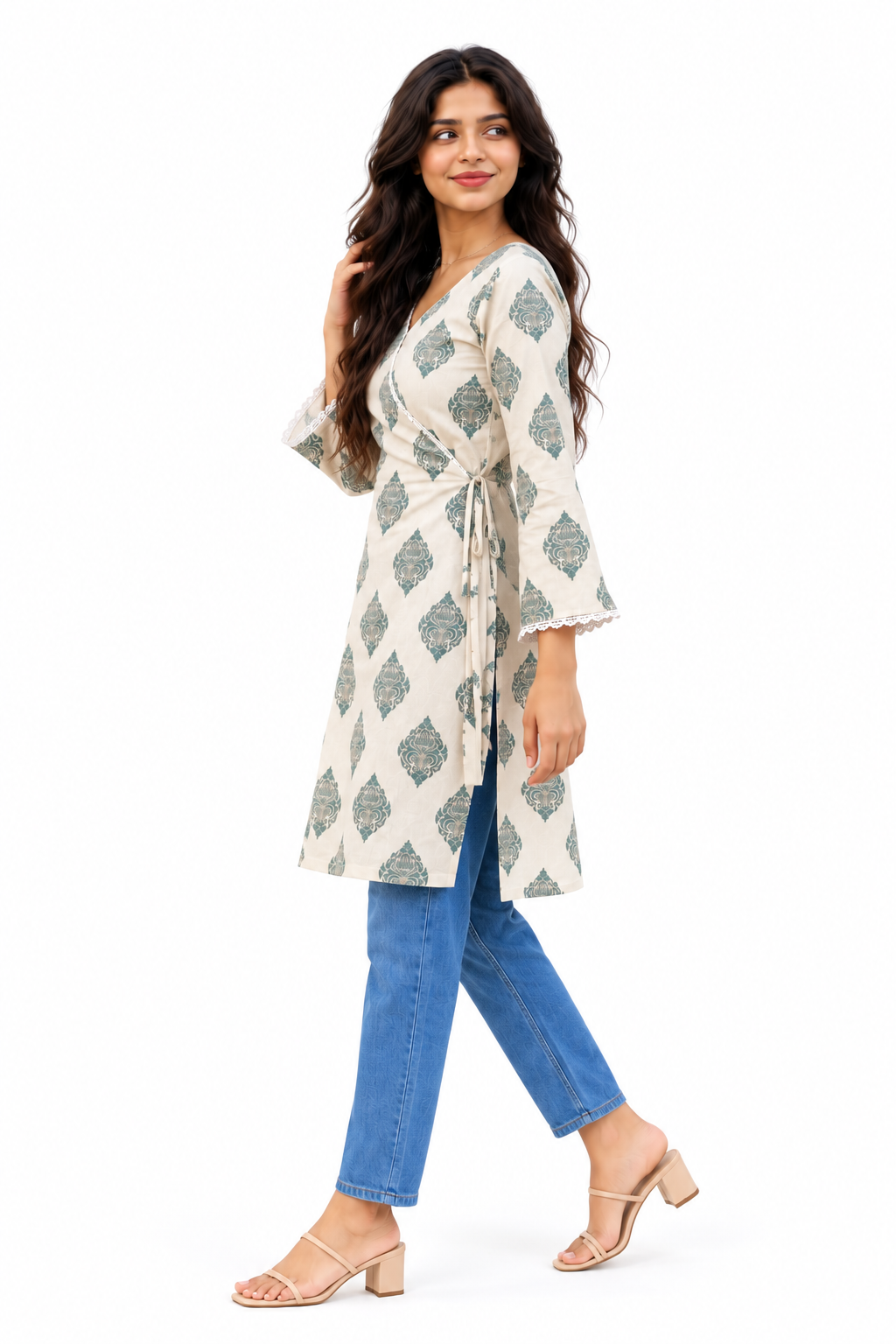 Cotton Printed Short Kurti — Sage Green Geometric