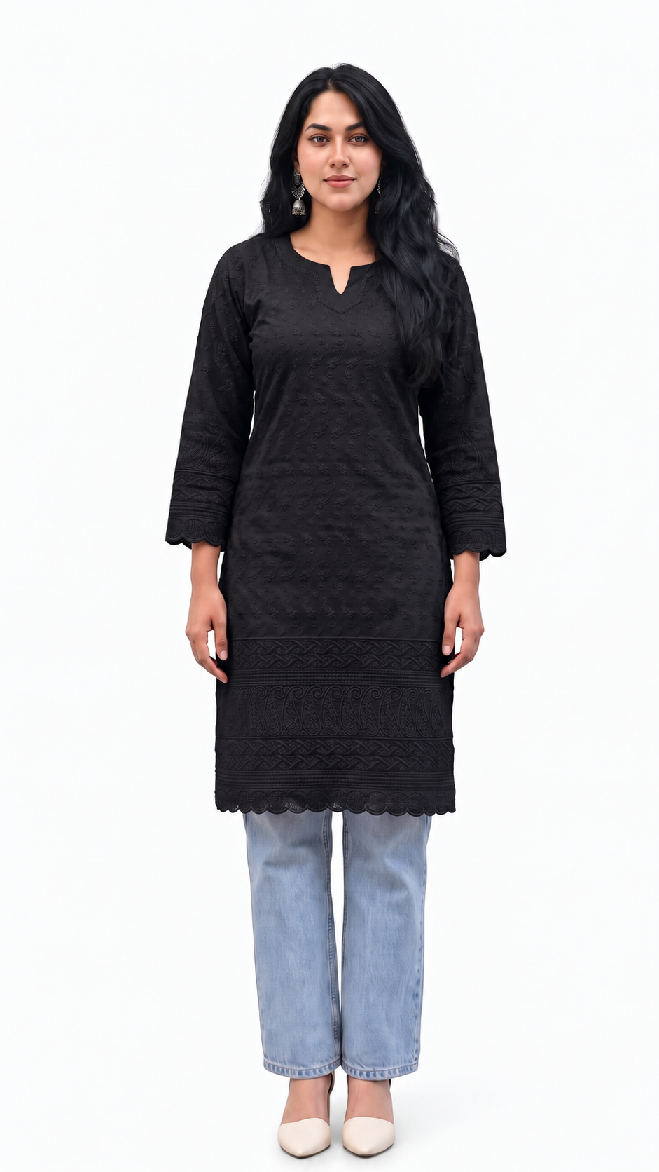 Modal Cotton Chikankari Short Kurti — Midnight Black
