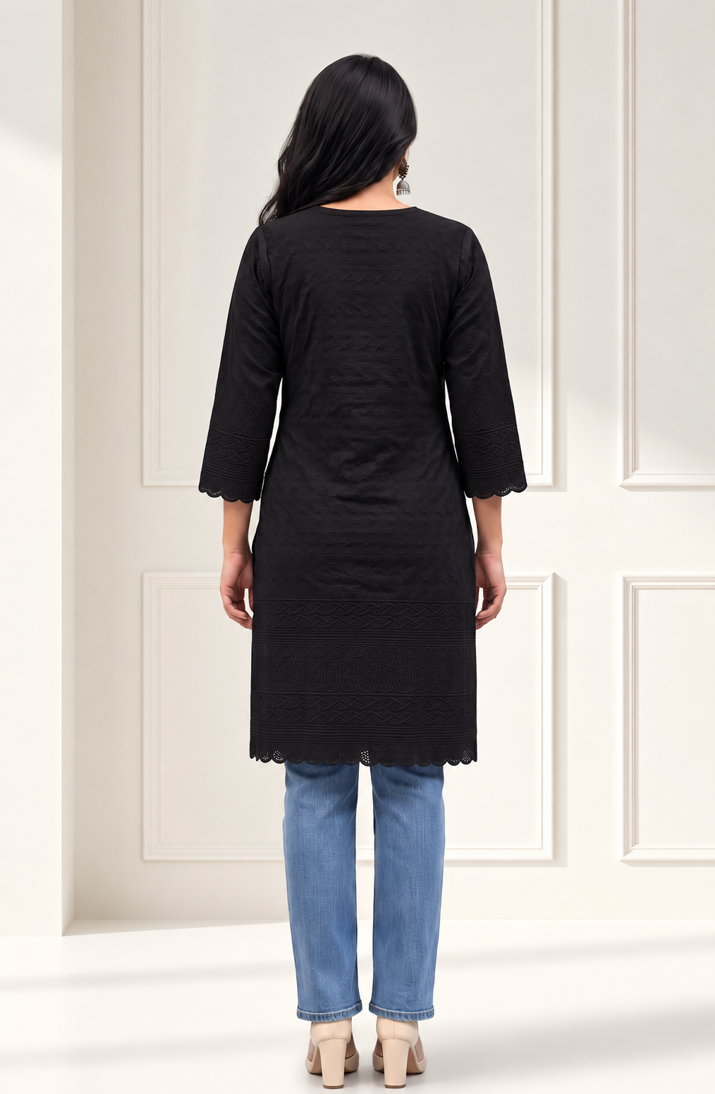 Modal Cotton Chikankari Short Kurti — Midnight Black