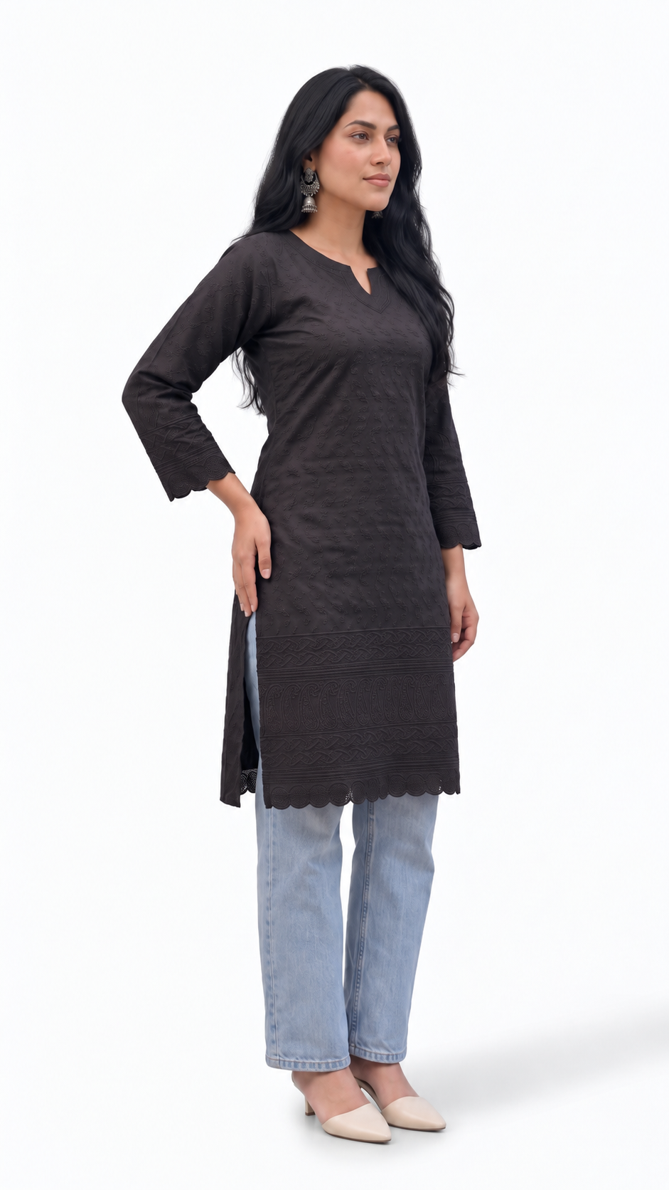 Modal Cotton Chikankari Short Kurti — Midnight Black
