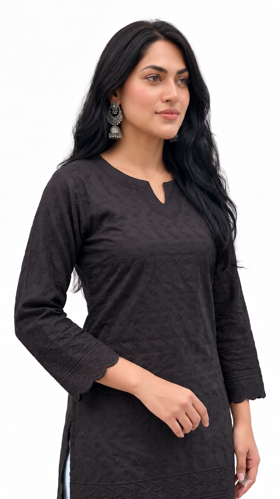 Modal Cotton Chikankari Short Kurti — Midnight Black