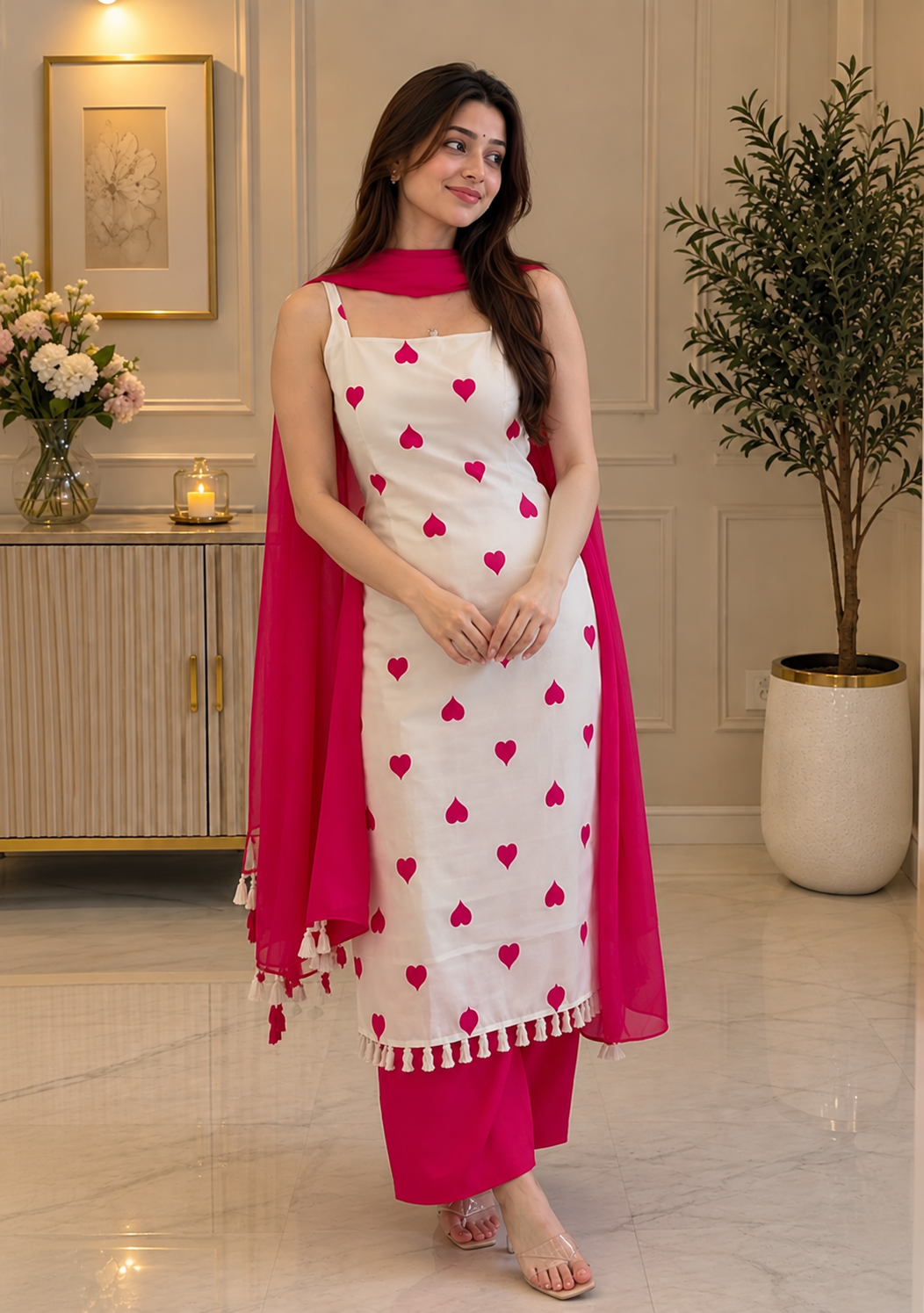 Cotton Pant Suit Set — Ivory Heart Print with Pink Pants