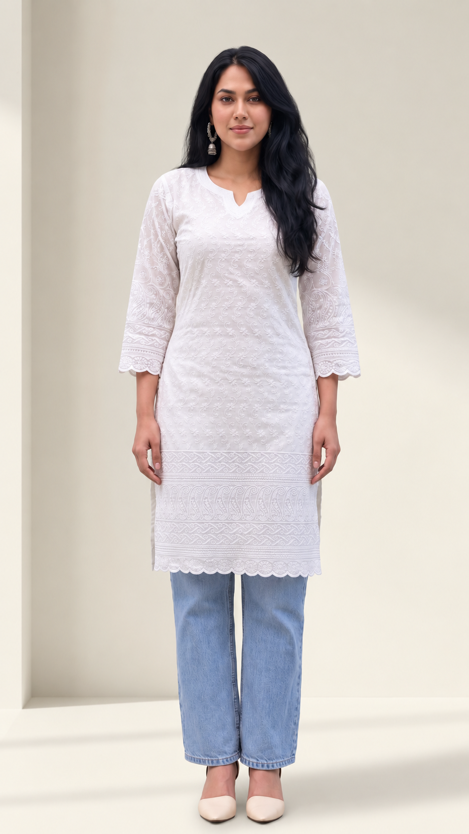 White-on-White Chikankari Short Kurti — Pure Cotton
