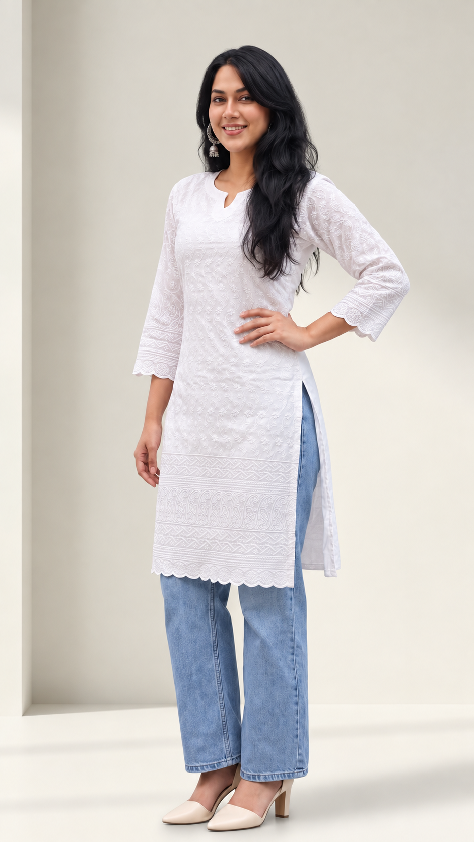 White-on-White Chikankari Short Kurti — Pure Cotton