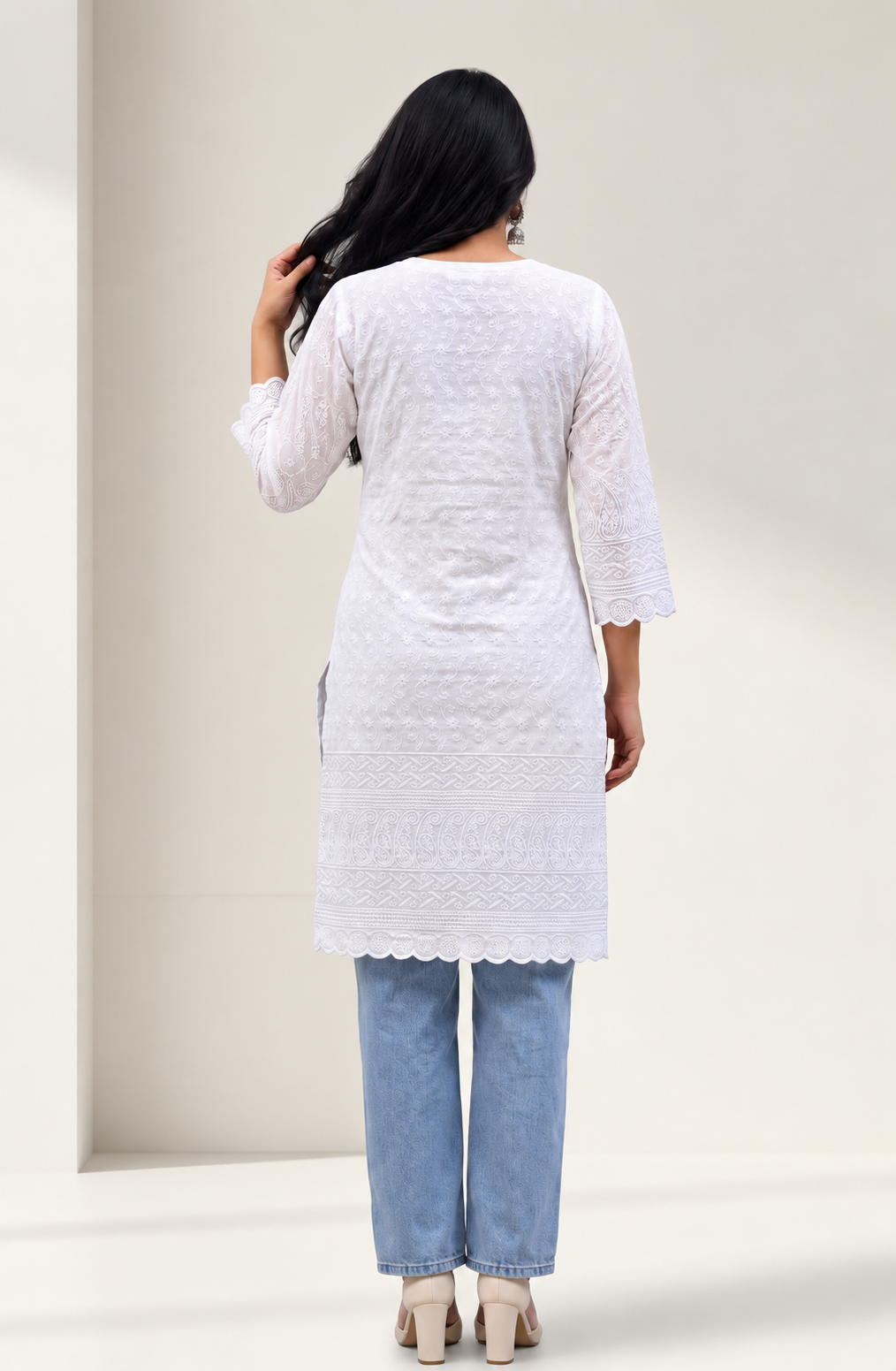 White-on-White Chikankari Short Kurti — Pure Cotton