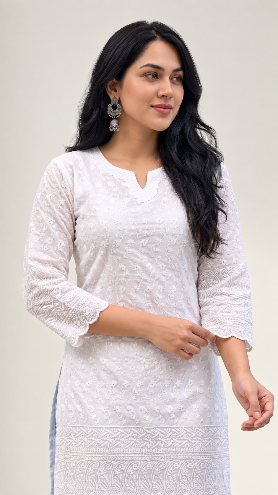 White-on-White Chikankari Short Kurti — Pure Cotton