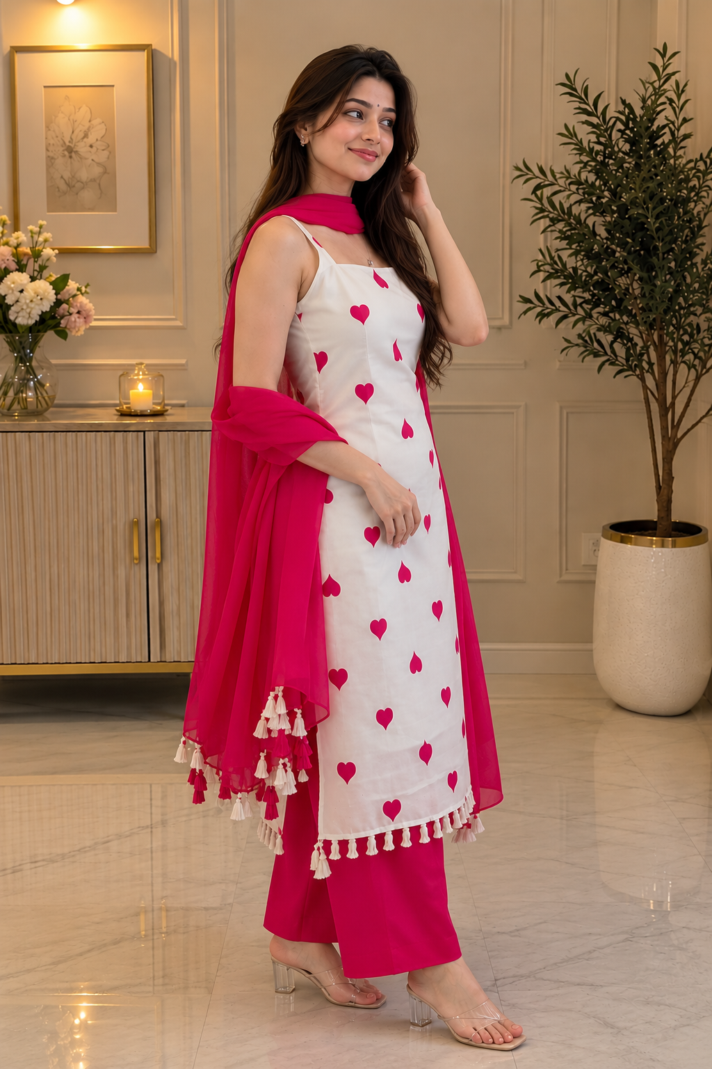Cotton Pant Suit Set — Ivory Heart Print with Pink Pants