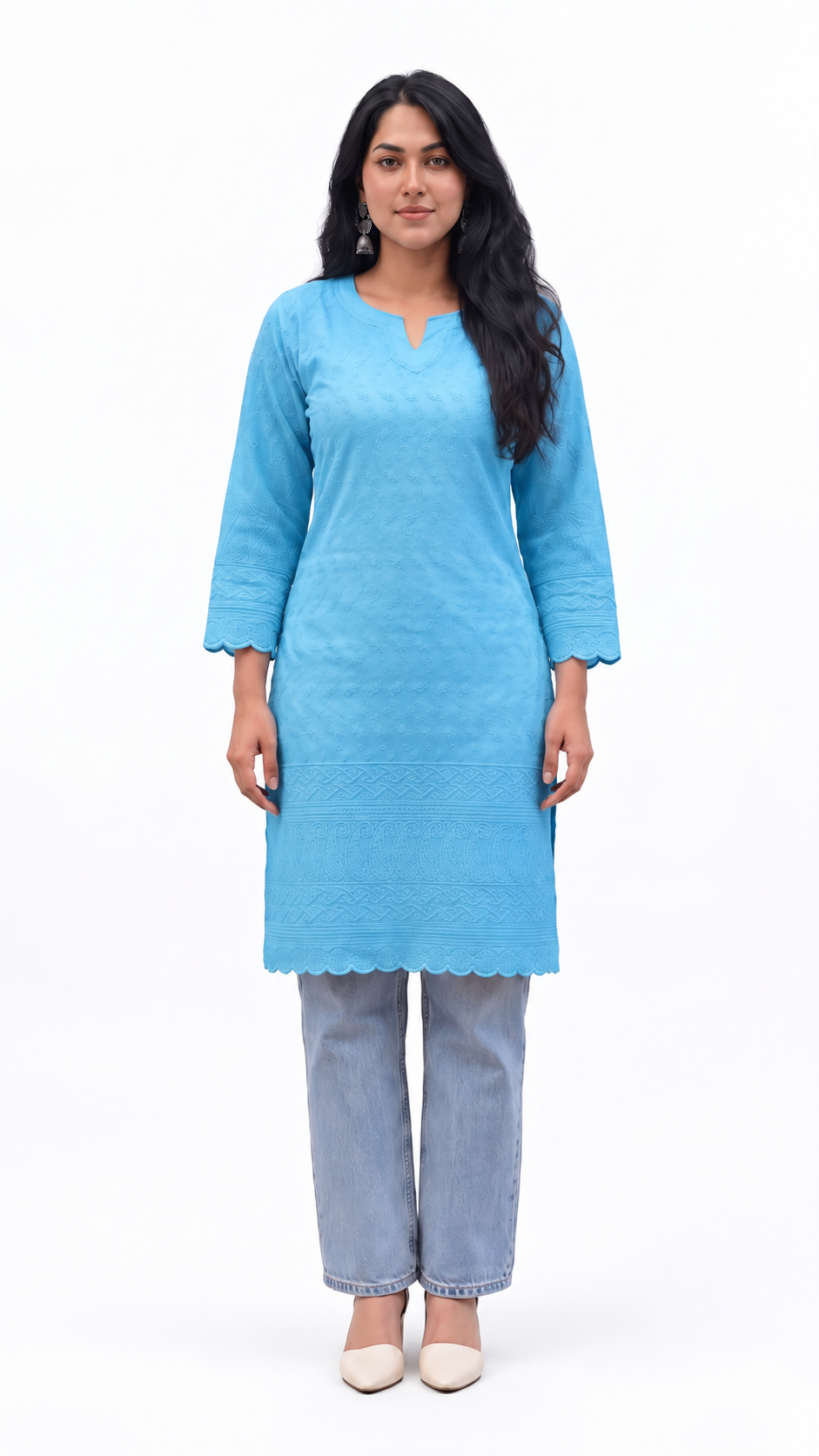Powder Blue Chikankari Short Kurti — Pure Cotton