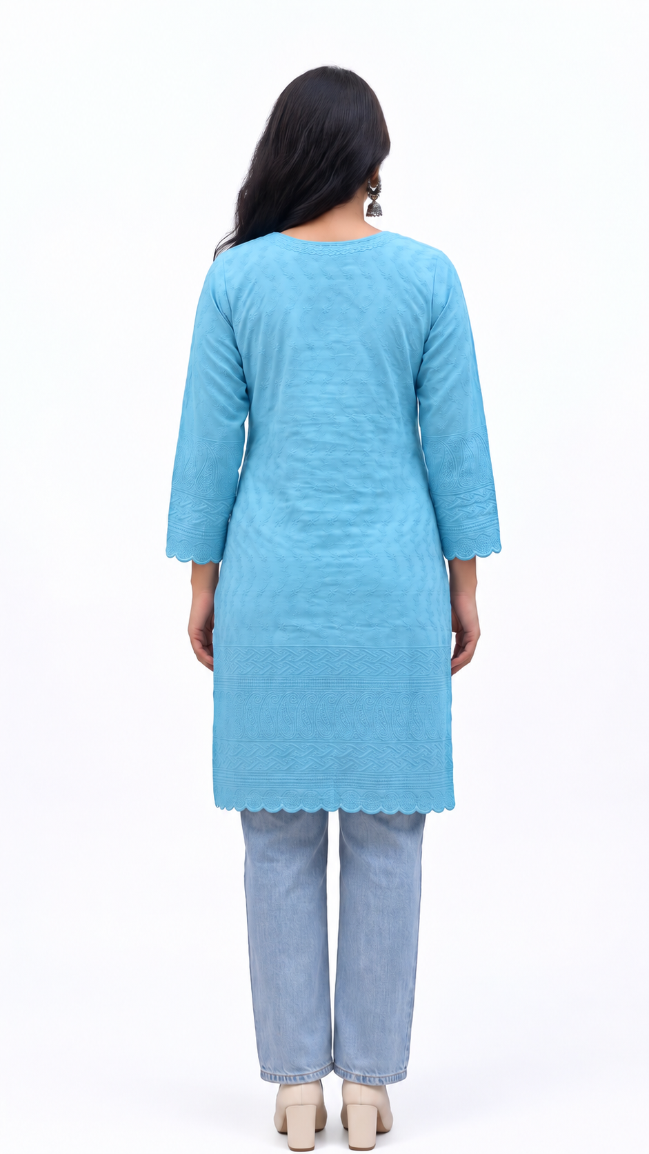 Powder Blue Chikankari Short Kurti — Pure Cotton