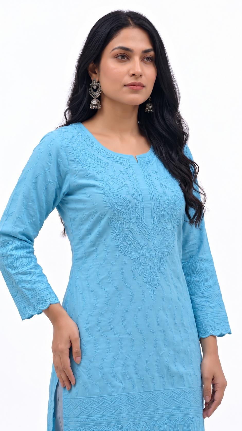 Powder Blue Chikankari Short Kurti — Pure Cotton