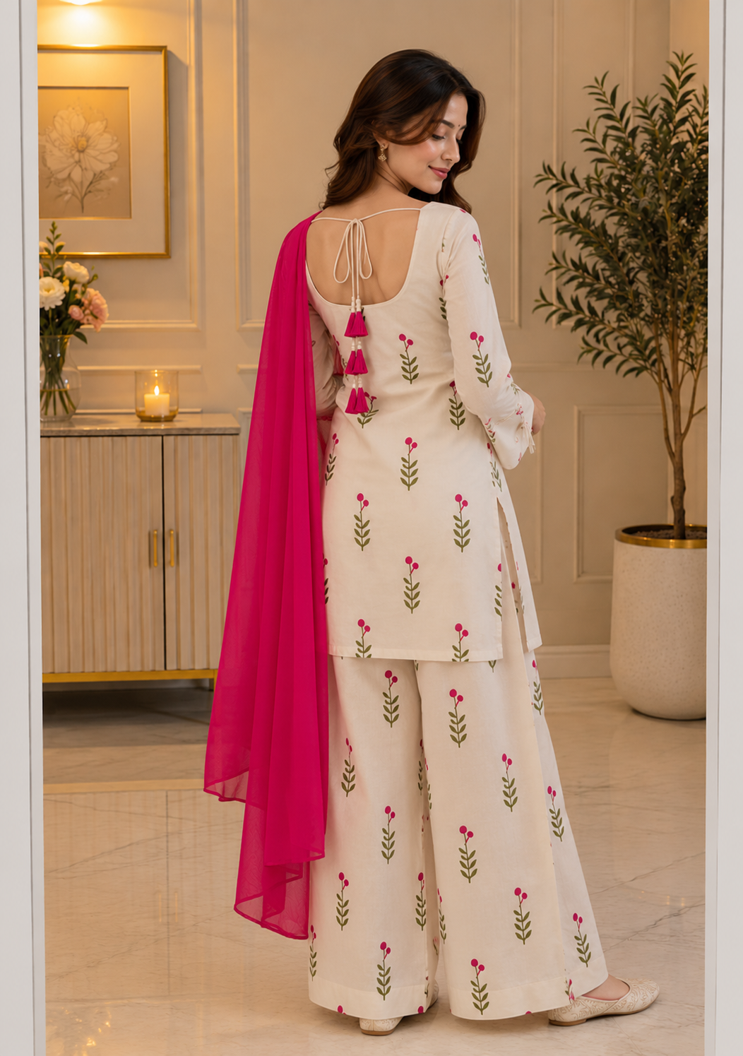 Cotton Embroidered Pant Suit Set — Ivory Floral with Pink Dupatta