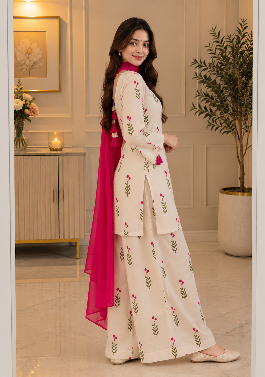 Cotton Embroidered Pant Suit Set — Ivory Floral with Pink Dupatta