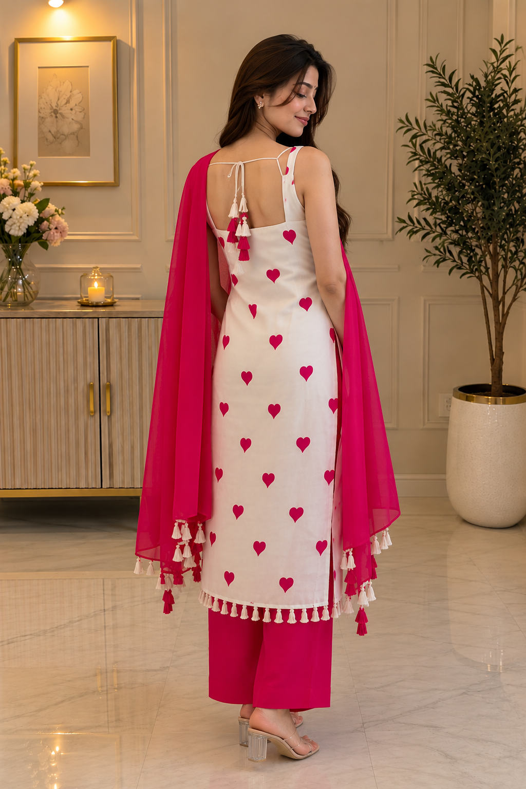 Cotton Pant Suit Set — Ivory Heart Print with Pink Pants