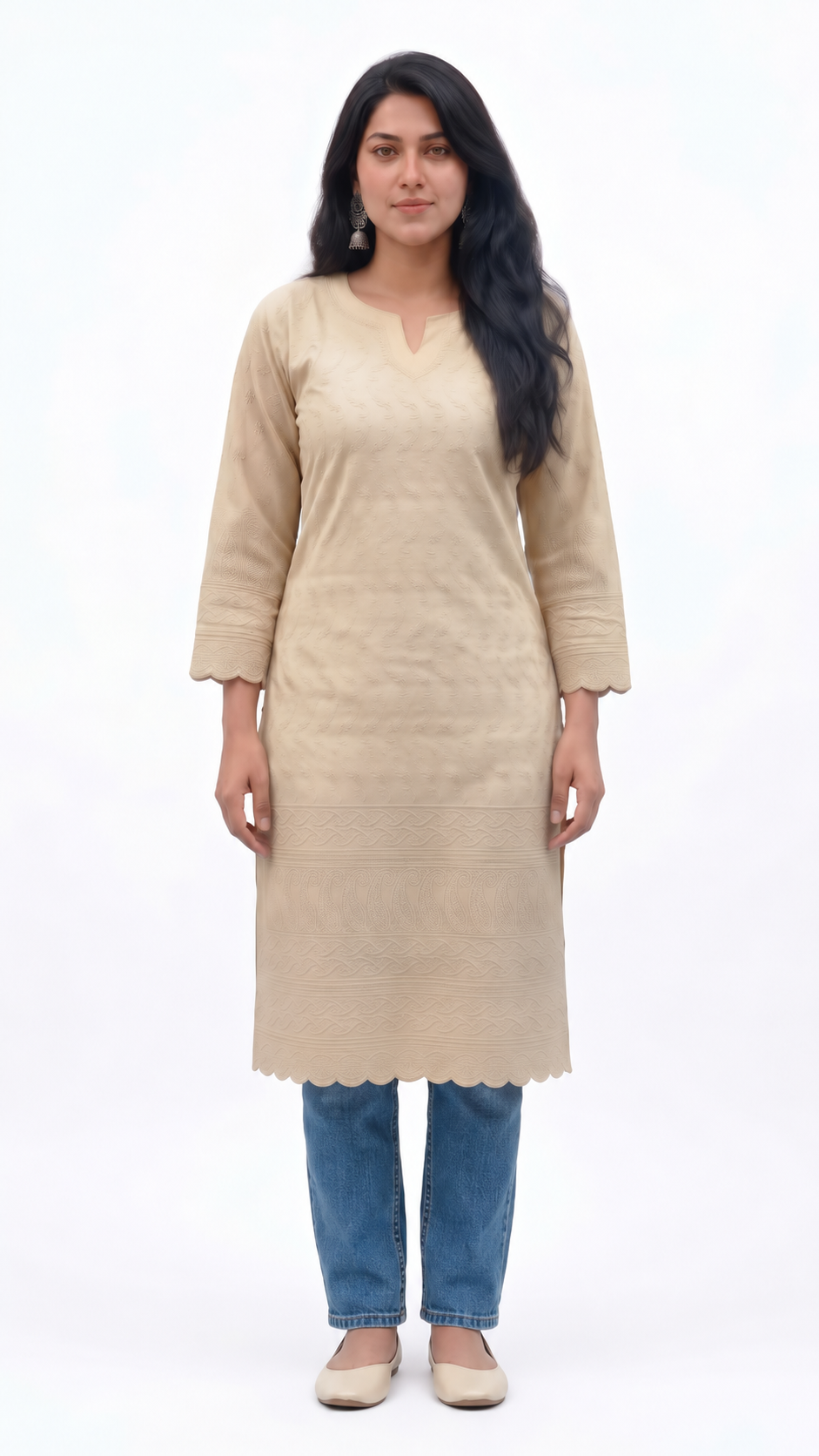 Cotton Flex Chikankari Short Kurti — Ivory Beige