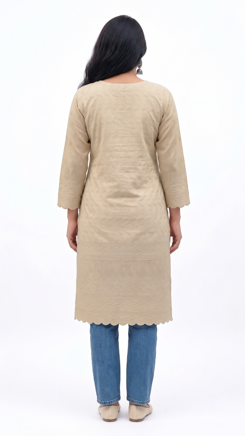 Cotton Flex Chikankari Short Kurti — Ivory Beige