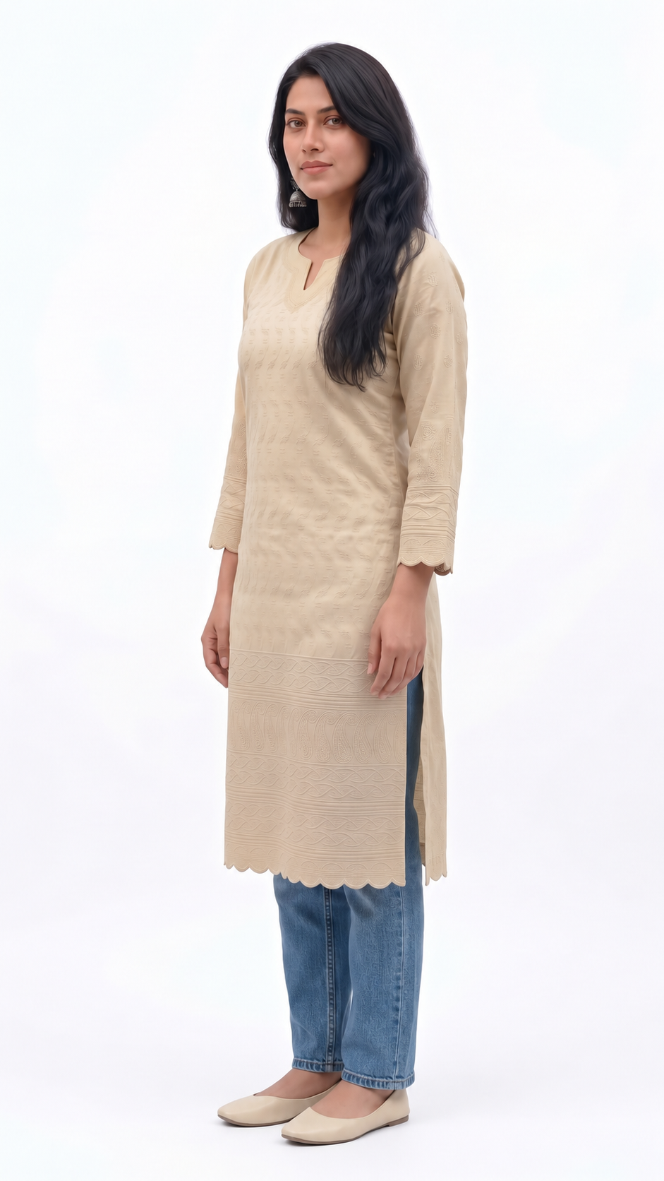 Cotton Flex Chikankari Short Kurti — Ivory Beige