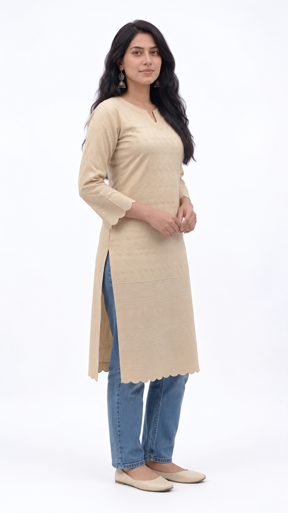 Cotton Flex Chikankari Short Kurti — Ivory Beige