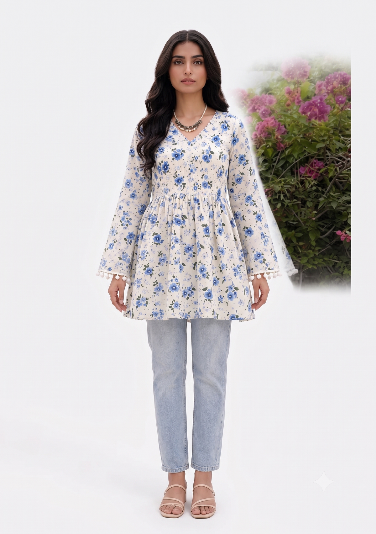 Cotton Printed Short Kurti — Ivory Blue Floral