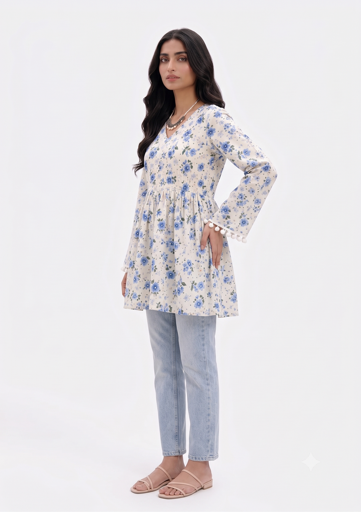 Cotton Printed Short Kurti — Ivory Blue Floral