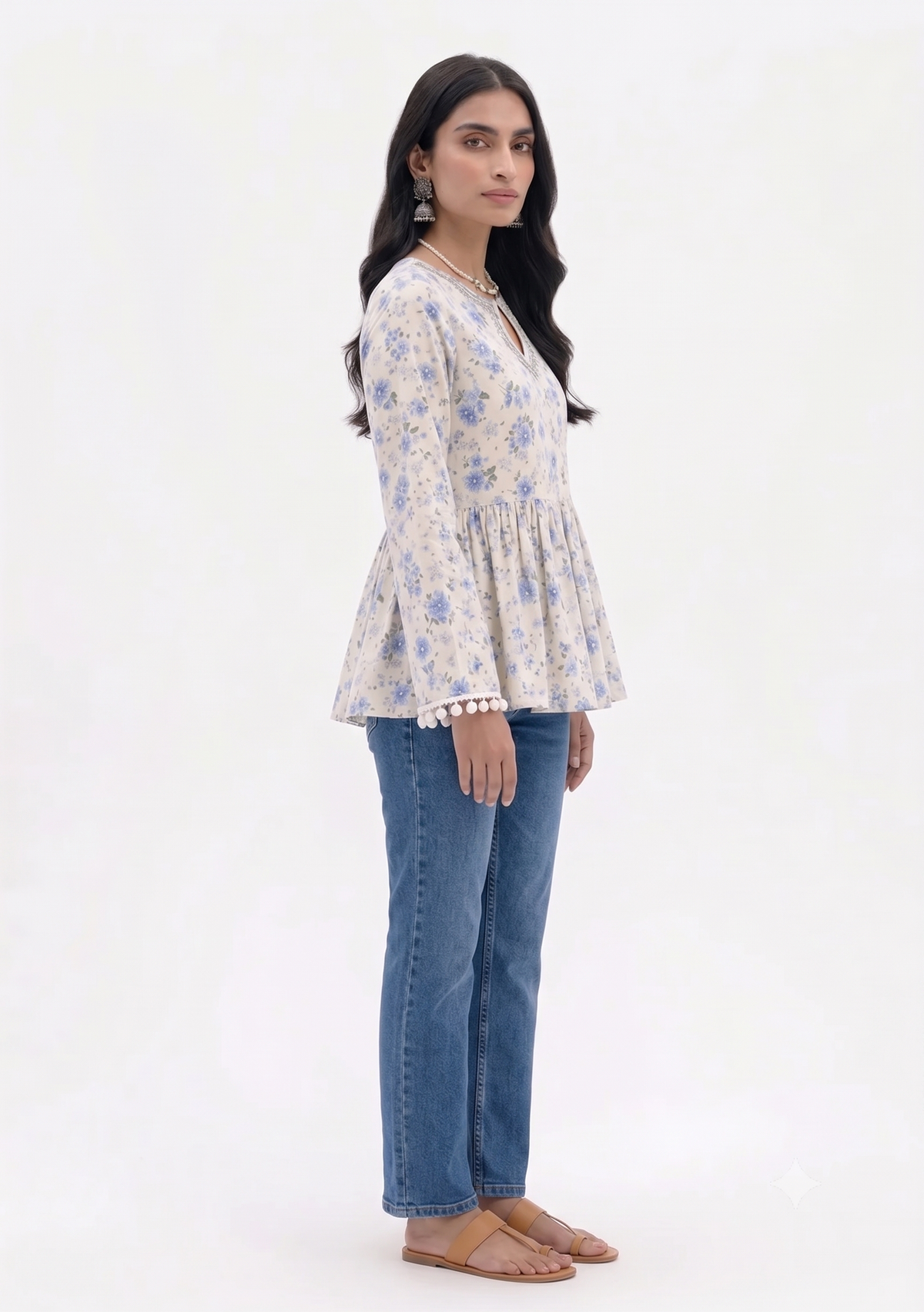 Cotton Printed Short Kurti — Ivory Blue Floral