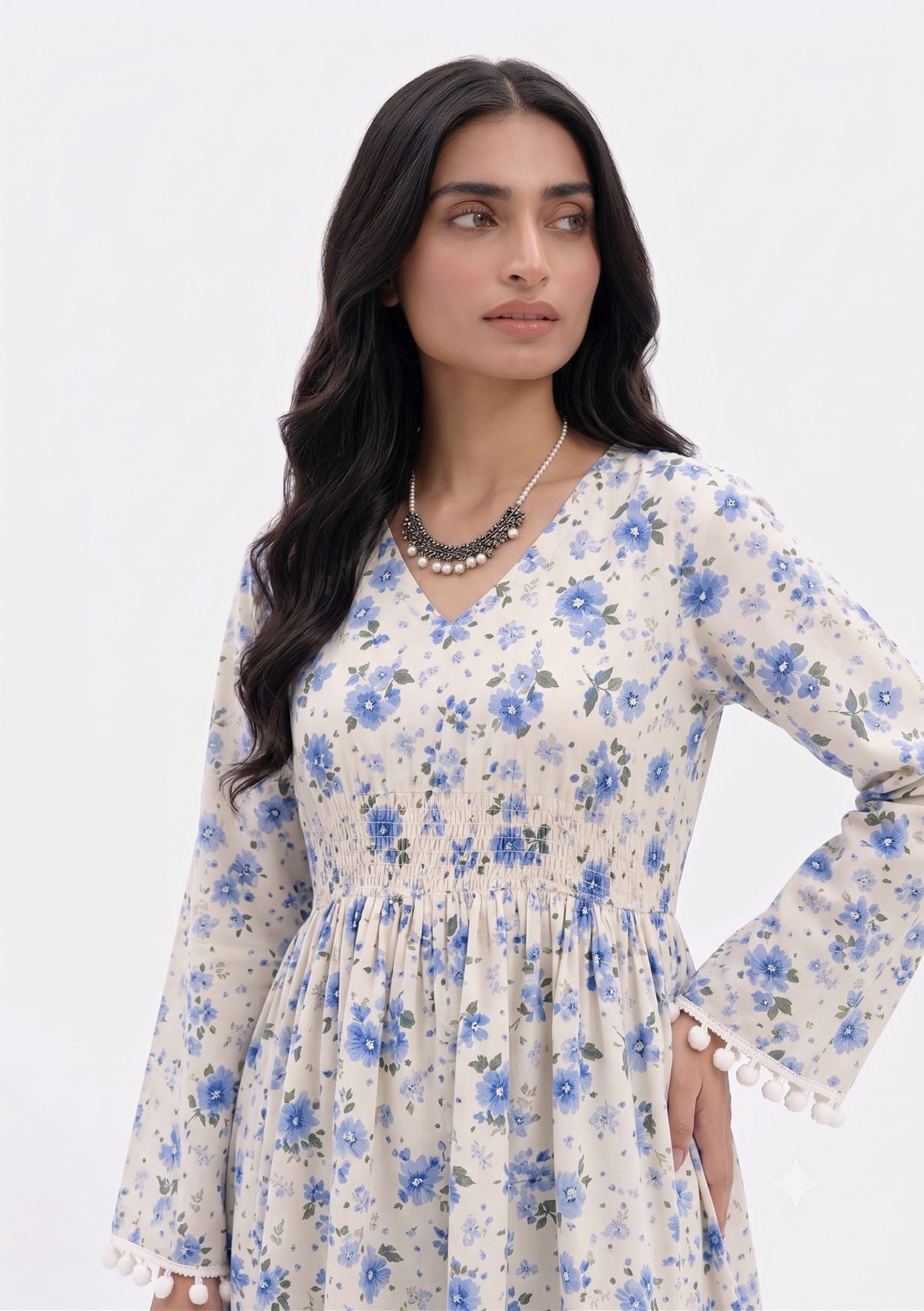 Cotton Printed Short Kurti — Ivory Blue Floral