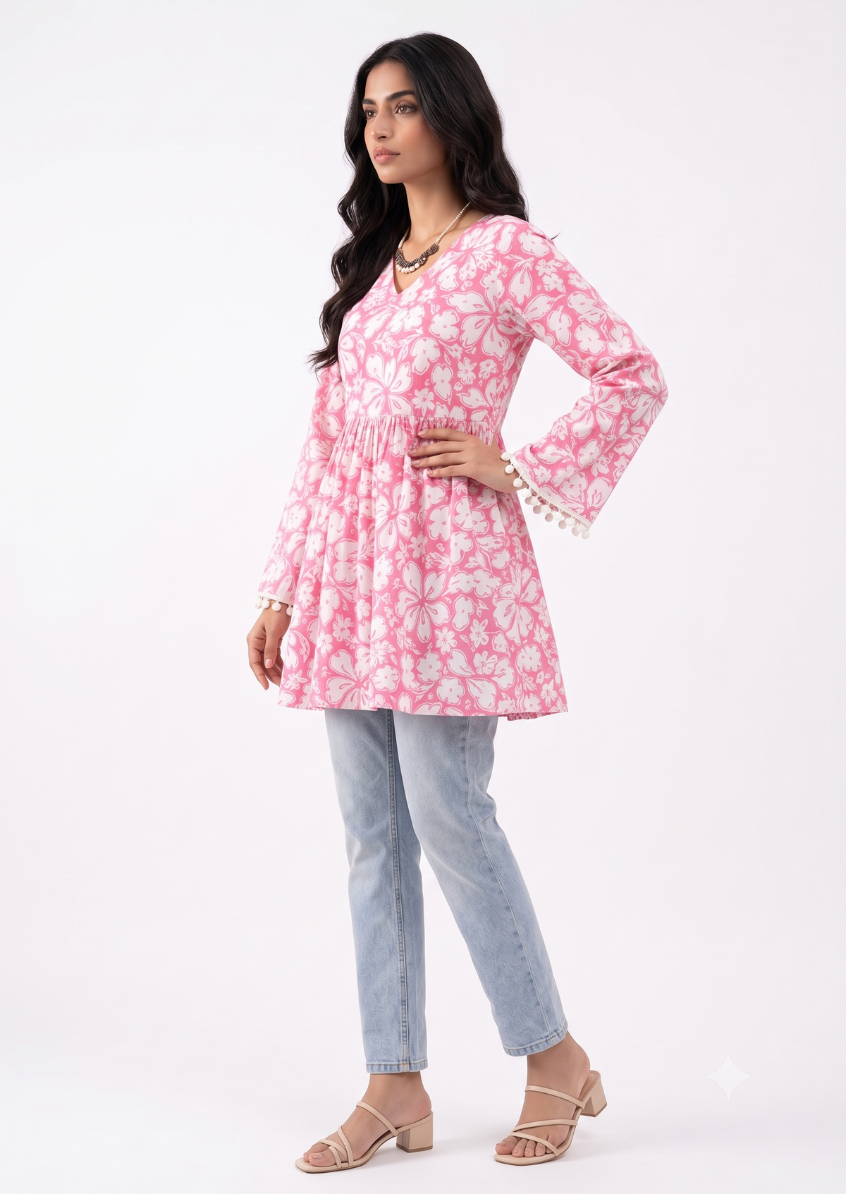 Cotton Printed Short Kurti — Candy Pink Floral