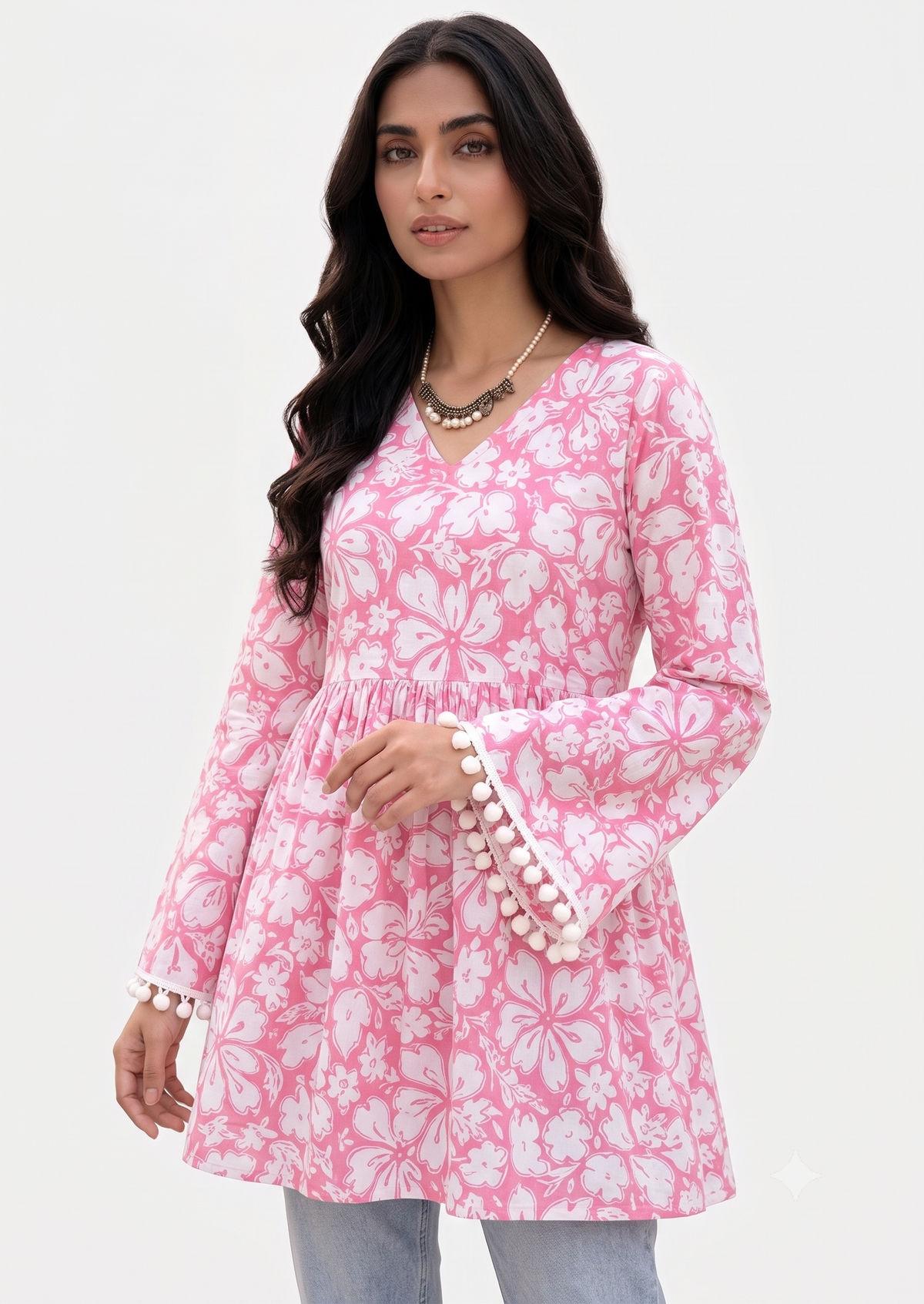 Cotton Printed Short Kurti — Candy Pink Floral