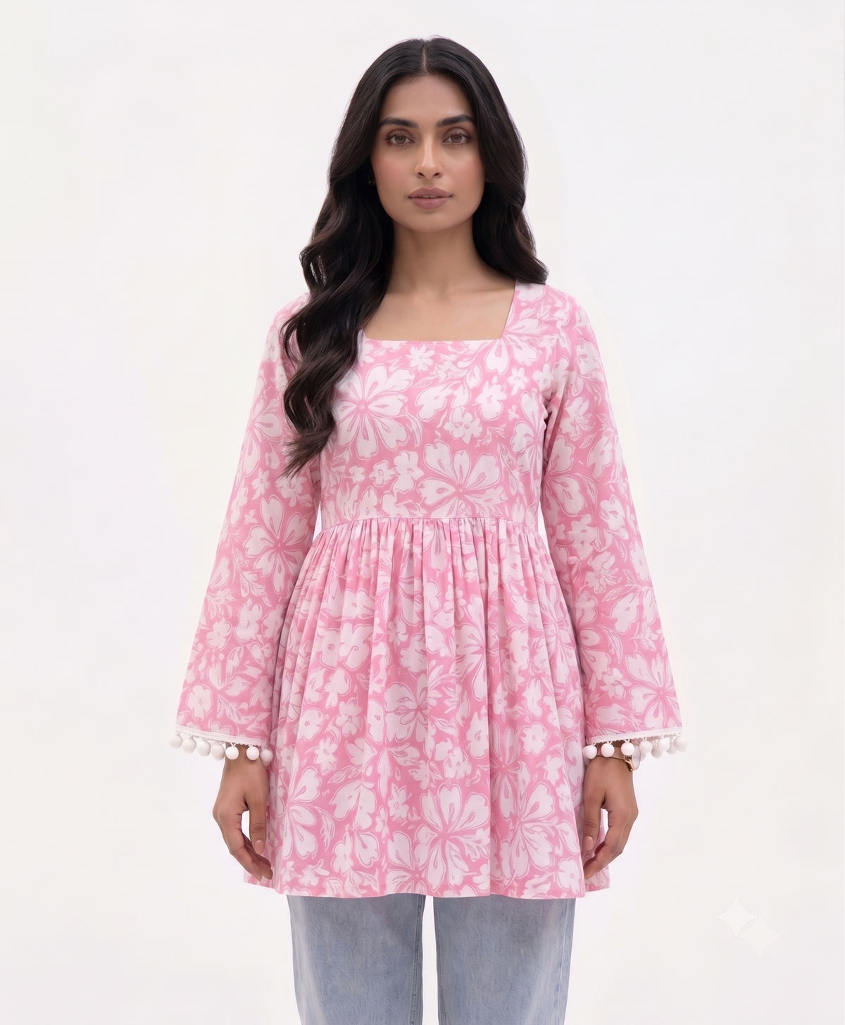 Cotton Printed Short Kurti — Candy Pink Floral