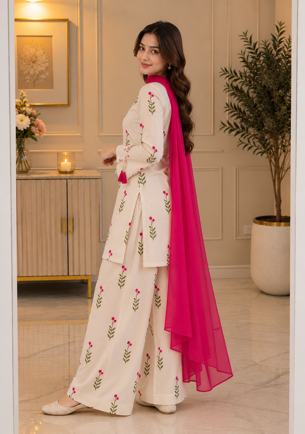 Cotton Embroidered Pant Suit Set — Ivory Floral with Pink Dupatta