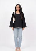 Cotton Short Kurti — Jet Black with Tassel Trim