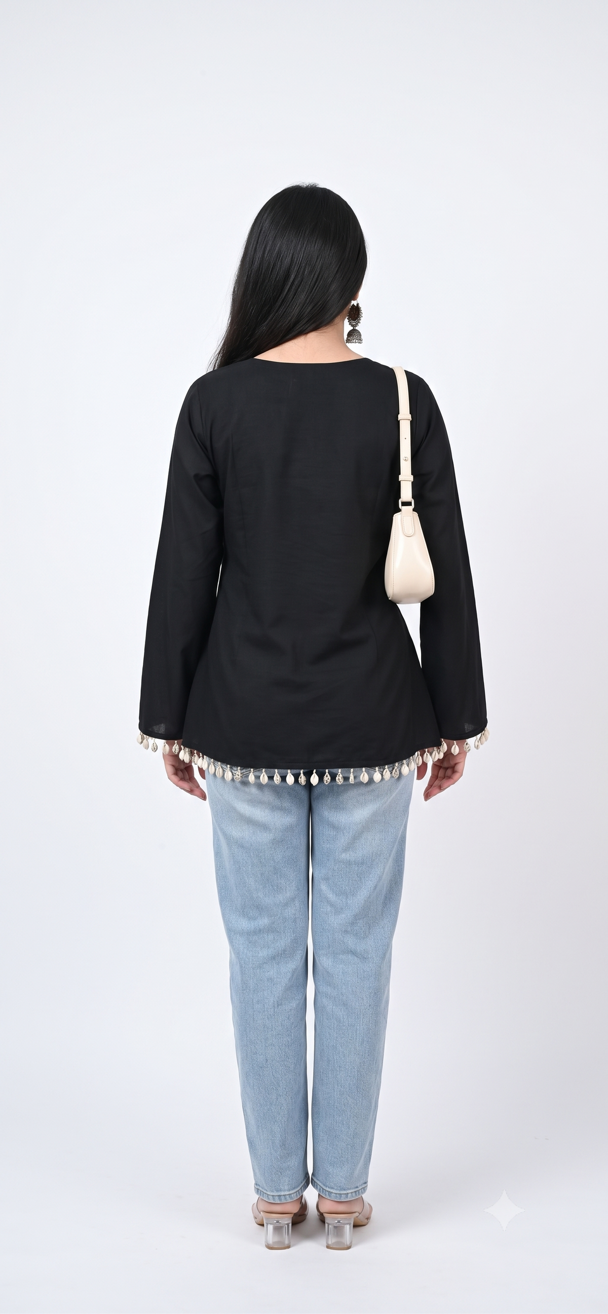 Cotton Short Kurti — Jet Black with Tassel Trim
