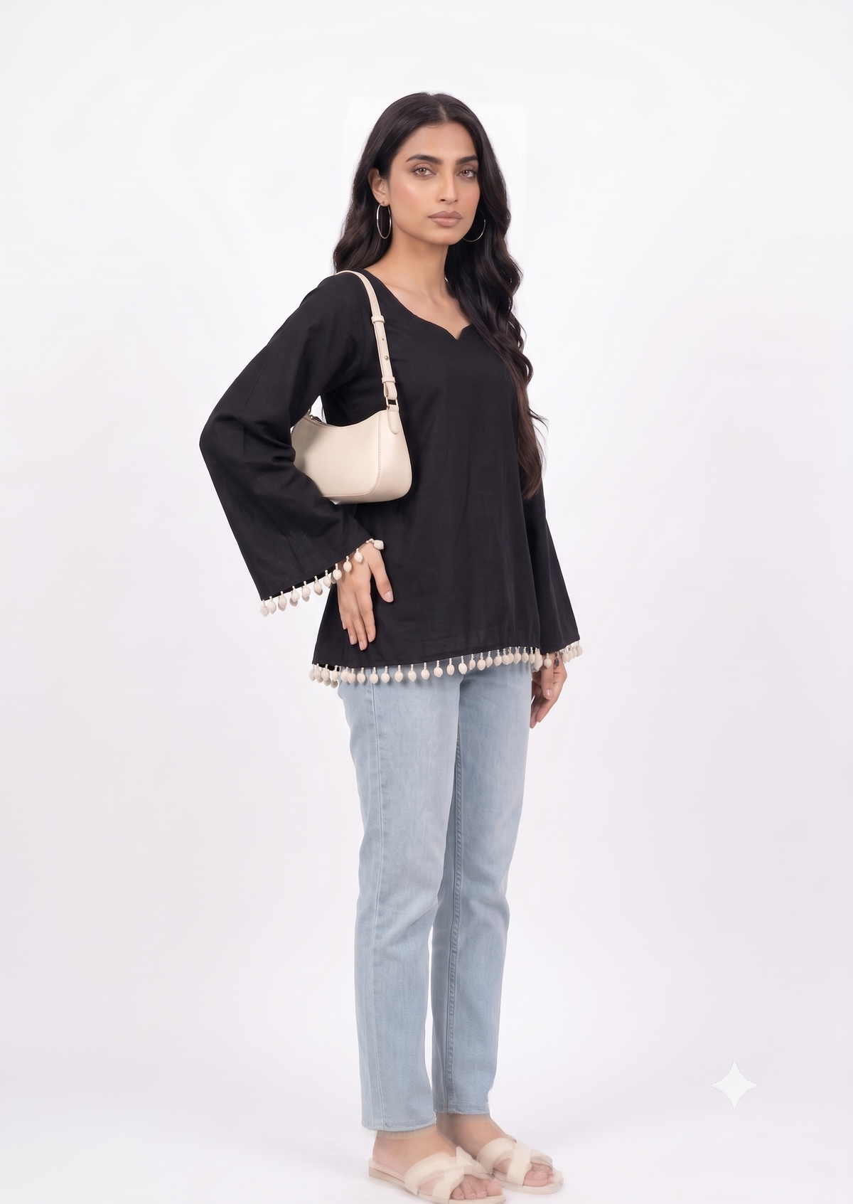 Cotton Short Kurti — Jet Black with Tassel Trim