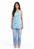 Cotton Printed Short Kurti — Sky Blue Floral