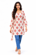 Cotton Printed Short Kurti — Ivory Red Block Print