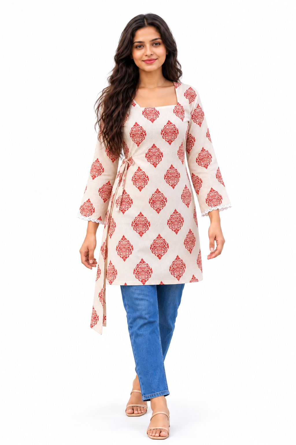 Cotton Printed Short Kurti — Ivory Red Block Print