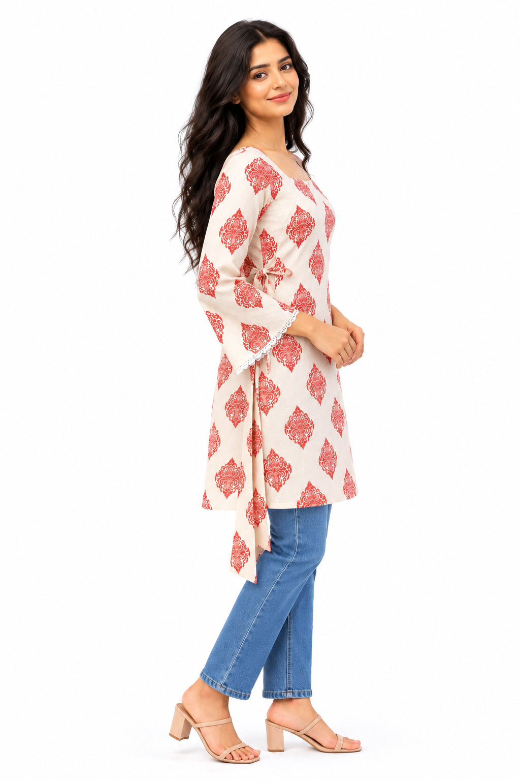 Cotton Printed Short Kurti — Ivory Red Block Print