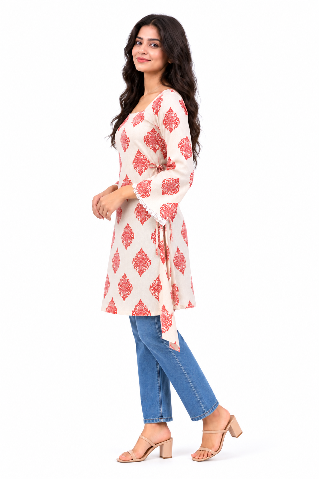 Cotton Printed Short Kurti — Ivory Red Block Print