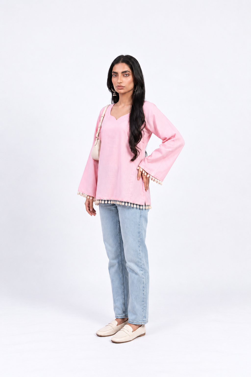 Cotton Short Kurti — Rose Pink with Tassel Trim