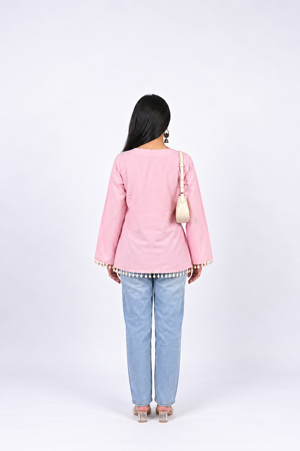 Cotton Short Kurti — Rose Pink with Tassel Trim