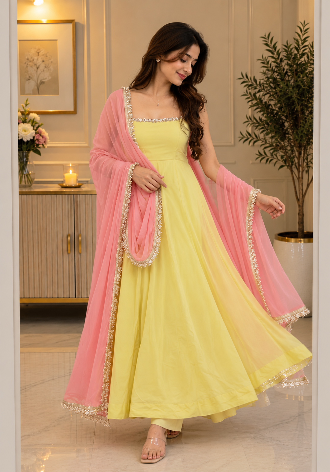 Georgette Anarkali Suit Set — Lemon Yellow with Pink Dupatta