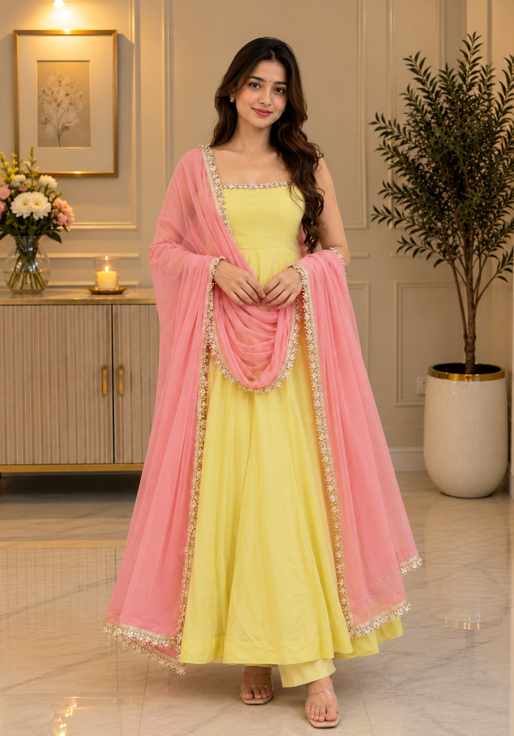 Georgette Anarkali Suit Set — Lemon Yellow with Pink Dupatta