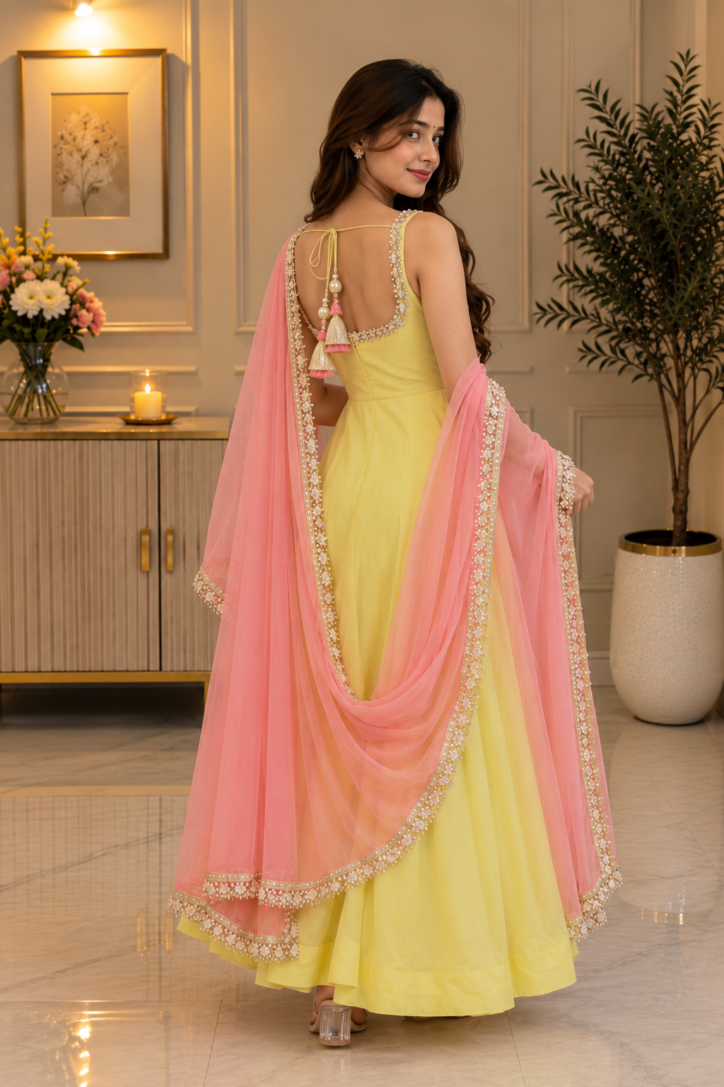 Georgette Anarkali Suit Set — Lemon Yellow with Pink Dupatta