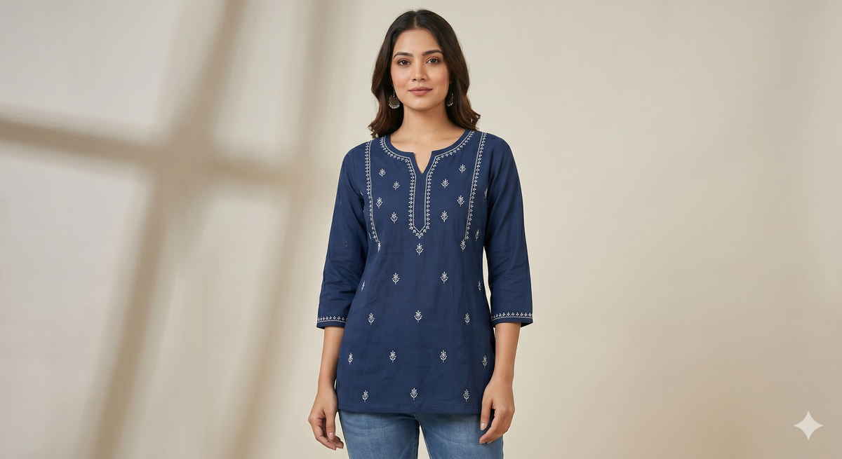 Cambric Cotton Short Kurti — Black Chikan Embroidered