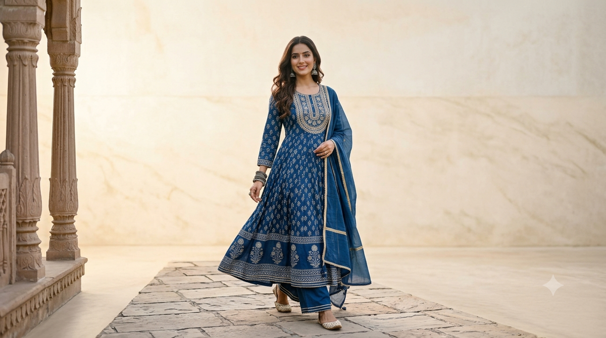 Chanderi Silk Long Kurti — Royal Blue Zari Border