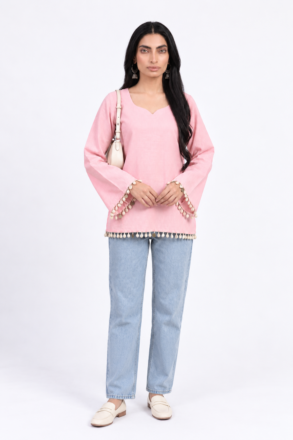 Cotton Short Kurti — Rose Pink with Tassel Trim
